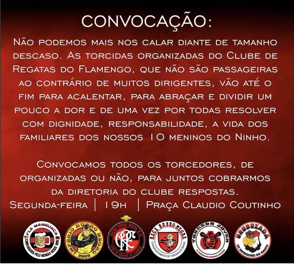 torcidas do Flamengo convocam protesto